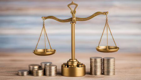 Coins and scales of justice on wooden table. Financial concept.の素材