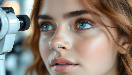 Portrait of a beautiful young woman looking through a microscope. 3d renderingの素材