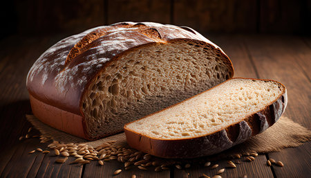 loaf of bread and wheat on a wooden table, rustic styleの素材