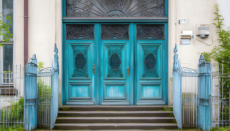 Blue wooden door in the city. Russia, St. Petersburg.の素材