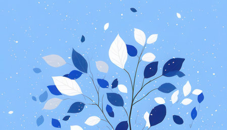 Illustration of blue leaves on a blue background with copy space.の素材