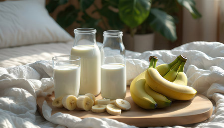Bottles of tasty milk and bananas on wooden board in bed, closeupの素材