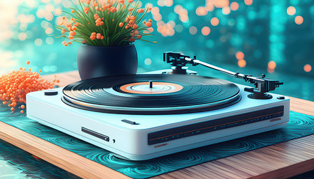 Turntable playing vinyl on colorful bokeh background. 3d renderingの素材