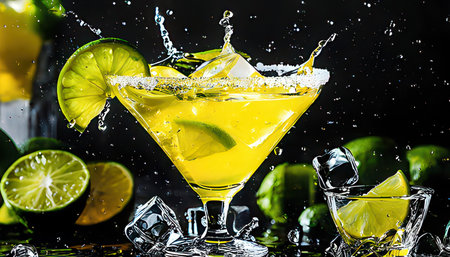 Cocktail with lime, ice and splash on a black backgroundの素材
