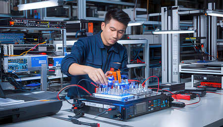 Technician working in the laboratory. Engineer is checking electronic components in the laboratory.