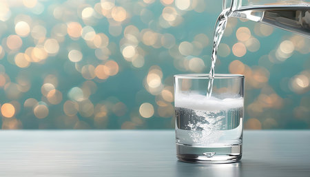 Pouring water into glass on bokeh background, closeupの素材