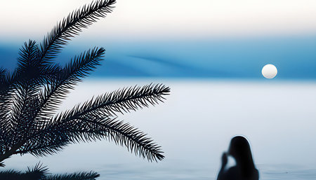 Silhouette of a woman on the beach with a tree in the foregroundの素材
