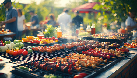 Barbeque Grill with Fresh Vegetables and Fruits on the Backgroundの素材