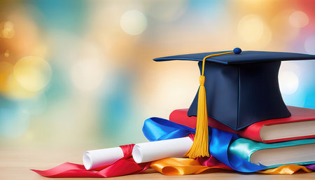 Graduation cap and diploma on colorful background. 3d illustration.の素材