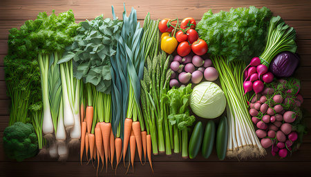 Composition with variety of fresh organic vegetables on wooden background, top viewの素材