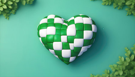 3d rendering of heart shape with green leaves background for valentine dayの素材