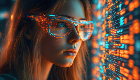 Portrait of a futuristic woman with futuristic glasses. 3d renderingの素材