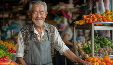 Portrait of asian senior man selling fresh vegetables at the market
