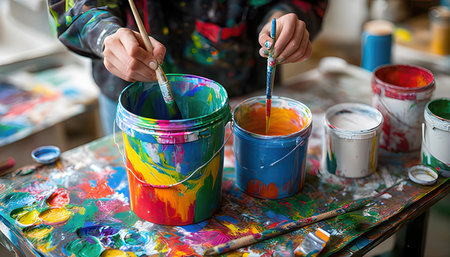 close-up of the hands of a young artist painting a pictureの素材