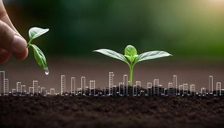 Human hand planting green plant on fertile soil with green bokeh backgroundの素材