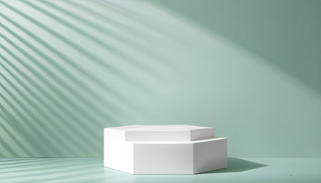 3d render of white podium for product display with shadows from palm leaves.の素材