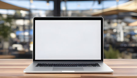 Laptop with blank screen on wooden table in cafe. Mock upの素材