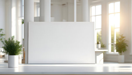 Blank white poster on a white table in a modern office. 3d rendering mock upの素材