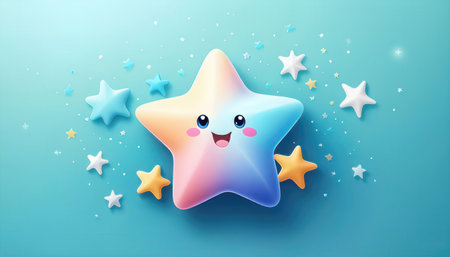 Cute star character on blue background. Paper art style. Vector illustration.の素材