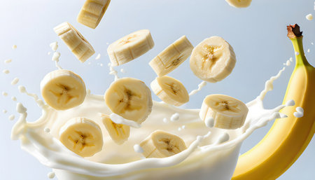 Banana falling into a glass of milk splashing on a white backgroundの素材
