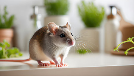 Cute rat on table in kitchen, closeup. Domestic ratの素材