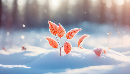 Autumn leaves in the snow. Beautiful nature background with copy space.の素材