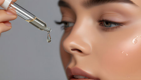 Eyelash extension procedure. Close-up portrait of young beautiful woman with pipette.