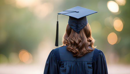 Back view of a female graduate wearing a graduation gown and holding her hatの素材
