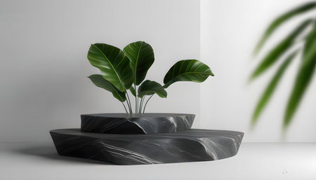 3d render of black marble podium with ficus plant inside.の素材