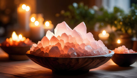 Candles in a bowl with incense on a wooden table.の素材
