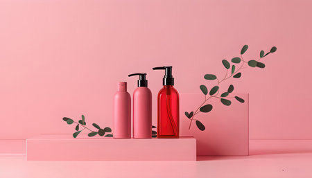 3d render of pink cosmetic bottles on podium with green branches on pink backgroundの素材