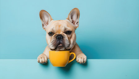 French bulldog puppy with yellow cup of coffee on blue background.の素材