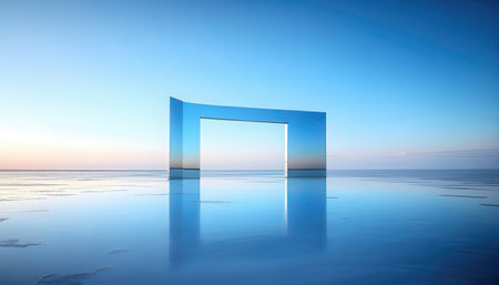 3d illustration of an open door with reflection in water at sunsetの素材