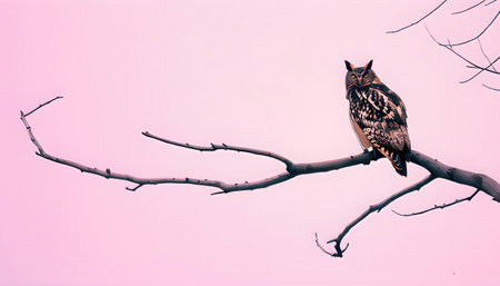Owl sitting on a branch with pink background, vintage color toneの素材
