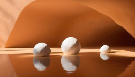3d rendering of white balls on a brown background with water reflectionsの素材