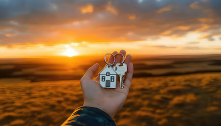 House keys in hand on sunset background. Real estate and property concept.の素材