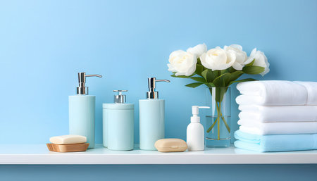 Bath accessories on shelf against blue wall. Bathroom interior designの素材