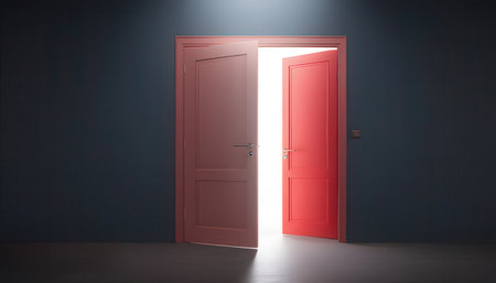 Conceptual image with opened door and light coming from open doorの素材
