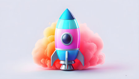 Rocket with colorful clouds. 3D illustration. 3D rendering.の素材