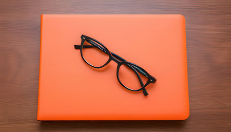 eyeglasses on notebook on the wooden background. 3d renderingの素材