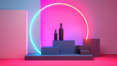 3D rendering of a podium for product presentation with neon lights.の素材