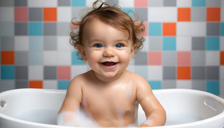 Portrait of a smiling little girl bathes in a bathtub