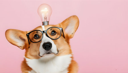 Cute corgi dog with eyeglasses and light bulb on pink backgroundの素材