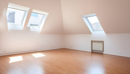 interior of empty room with white walls, wooden floor and windowの素材