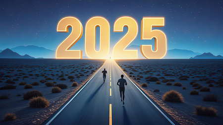 Businessman walking on the road leading to the new year, 3D renderingの素材