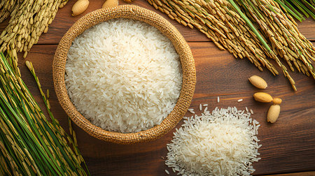Rice in basket and rice seed on brown wooden table background.の素材