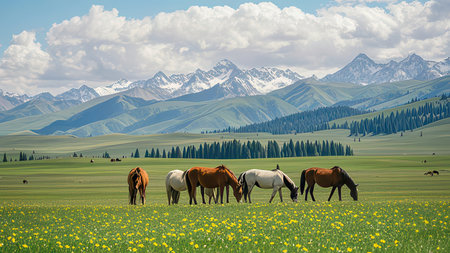 Horses grazing in the meadow in the highlands of Kyrgyzstanの素材