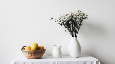 Flowers in vase and lemons in basket on table against white wallの素材