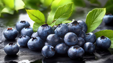 Fresh ripe blueberries with green leaves on black table, closeupの素材