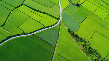 Aerial view of green rice fields in the countryside, Thailand.の素材